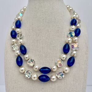 Vintage 50s Double Strand Choker Faux Pearl, Blue Lucite & Aurora Borealis Beads